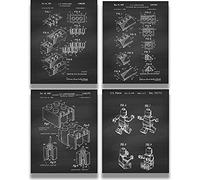 Legos Patent - A Set of Four Lego Patents Wall Art Decor Prints with dark gray backgrounds - unframed artwork printed on photograph paper
