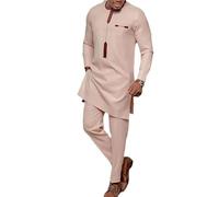 Legou Men’s Traditional African Dashiki Fashion Long Sleeve Ankara Shirt and Pants Two-Piece Set Pink L