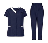 Legou Women’s Uniform Scrub Set Button V-neck Short-sleeved T-Shirt with Pockets and Pants Work Wear Doctor Nurse Cosmetology Hotel Sanitation Pet Groomer Work Clothes Tibetan blue L