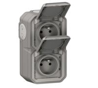 Legrand - Double socket with earthing contact, waterproof, pre-wired, with plexiglass surface, 16 A, 250 V, delivered complete for mounting in vertical surface, grey
