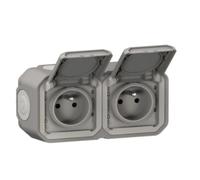 Legrand - Double socket with earthing contact, waterproof, pre-wired, with plexiglass surface, 16 A, 250 V, delivered complete for mounting in horizontal surface-mounting, grey
