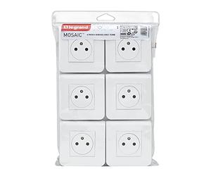 LEGRAND - Mosaic Surface Earth Wall Socket - 2P+T Socket + Finish Plate + Screw Mounting Bracket - Made in France - White - Pack of 6
