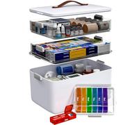 LEGUO Medicine Storage Box, 3-Tier Medicine Organiser with Carry Handle and 7-Day Pill Box, Large First Aid Storage Container with Clear Trays, White Medicine Storage Case