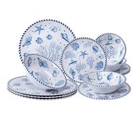 LEHAHA 12-Piece Coastal Melamine Dinnerware Set Service for 4, Unbreakable & Lightweight Round Plates and Bowls Set, Outdoor Dish Set for Patio, Camper, RV, Indoor Outdoor Use with Ocean Printed