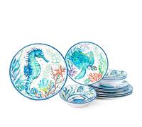 LEHAHA 12-Piece Melamine Beach Dinnerware Set, Coastal Plates and Bowls Sets, Oceanic Sea Life Dish Sets for 4, Great for Indoor Outdoor Dining on the Beach, RV, Camping or Cabin