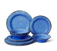 LEHAHA 12 Piece Melamine Dinnerware Set BPA Free Farmhouse Outdoor Dishes Set for 4, A Light Weight and Unbreakable Rustic Plate Bowl Set for Patio, RV and Camping