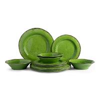 LEHAHA 12-Piece Melamine Tableware Set, Lightweight and BPA-Free, Rustic, Dinner Set for 4 People, Indoor and Outdoor Use, Ideal for Patio, Camping, RV (Green)