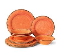 LEHAHA 12 Piece Crackle Lightweight Melamine Dinnerware Set-Service for 4, break-resistant and Durable Rustic Plates and Bowls Dishware Sets Perfect for Patio and Outdoor Activities