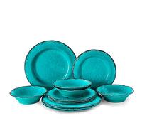 LEHAHA 12 Piece Vintage Melamine Dinnerware Sets Include 4 Dinner Plates, 4 Salad Plates and 4 Bowls Service for 4, Unbreakable Farmhouse Dishes and Bowls Suitable for Indoor and Outdoor Use Teal