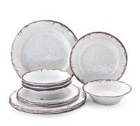 LEHAHA 12 Piece Vintage White Melamine Dinner Set | Unbreakable RV Plates/Plates and Bowls Set Dishwasher Safe Service for 4