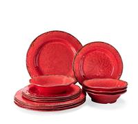 LEHAHA Farmhouse Plates and bowls set, 12 Piece Christmas Melamine Dinnerware Sets for 4,Lightweight and Unbreakable Dishes Set,Perfect for Indoor and Outdoor and Picnic use. Red