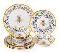 LEHAHA Honeycomb Bee Sweet 12-Piece Melamine Dinnerware Set,Melamine Dishes Set of 4, Lightweight and Unbreakable Garden Floral Dinner Plates and Side plates and All-purpose Bowls Set