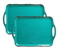 LEHAHA Large Farmhouse Melamine Serving Platters, Serving Tray with Handle for Food, Appetizer, Cupcakes, Dessert, Raised Edge Large Party Platter or TV Dinner Trays, 17.25x12 inch, Set of 2, Teal