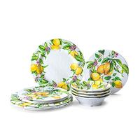 LEHAHA Lemon Melamine Dinnerware Dish Set - 12 Piece Indoor and Outdoor Plates and Bowls Sets for Everyday Use, Dishwasher Safe, Unbreakable Kitchen Dinner Set, Service for 4…