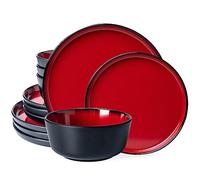 LEHAHA Melamine 12-Piece Modern Dinnerware Set, Kitchen Plates and Bowls Sets, Luxury 2 tone Red and Black Ceramic look Dish Set for 4.Christmas Luxury dinnerware dishes set.