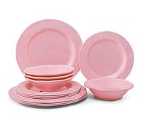 LEHAHA Pink Dishes Melamine Dinnerware Sets, 12 Piece Kitchen Plates and Bowls Dinnerware Sets, Lightweight, BPA free Melamine Dishes for Girls, Valentine's Day, Mother's Day.