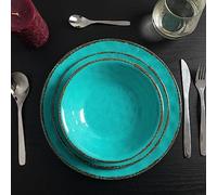 LEHAHA Rustic Melamine Dinnerware Sets, 12-piece Dishes Plastic Dinnerware Set for 4, Break-resistant Plates and Bowls Set, Outdoor Casual & Party Use Kitchen Dishes Set, Teal…
