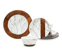 LEHAHA Rustic Modern Melamine Dinnerware Sets, Marble 12-Piece Lightweight Outdoor Plates and Bowls Sets, Unbreakable Wood Patterns Dishes Dinnerware Set, Service for 4…