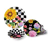 LEHAHA Sunflower 12-Piece Melamine Dinnerware Set Include Plates/Dishes and Bowls, Service for 4, BPA Free and Unbreakable Black Plaid Floral Dish Set for Indoor and Outdoor Use…
