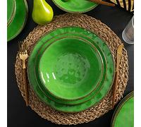 LEHAHA Vintage Crackle Melamine Dinnerware Sets, 12 Piece Plates and Bowls Sets, Great for Camping, RV. Durable and Chip Resistant Farmhouse Dishes Set, Service for 4(Green)