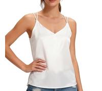 LEHEEYWT Camisole Tops for Women, V Neck Spaghetti Strap Tank Top with Cross Back, Satin Loose Sleeveless Vest Tops Women UK for Going Out (UK, Alpha, L, Regular, Regular, White)