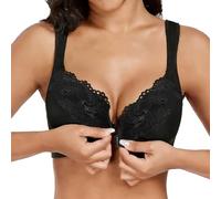LEHEEYWT Front Fastening Bra, Padded Support Sexy Lace Push Up Fantasie Bras for Women, Comfortable Everyday Plunge Plus Size Underwired Women's Bras (UK, Alpha, XXL, Regular, Regular, Black)