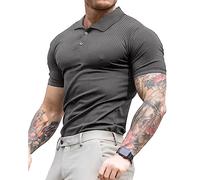 Lehmanlin Men's Muscle Polo Shirts Short Sleeve Casual T- Shirts Slim Fit Stretch Ribbed Golf Tops（Deep Grey/XS）