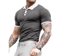 Lehmanlin Men's Muscle Polo Shirts Short Sleeve Casual T- Shirts Slim Fit Stretch Ribbed Golf Tops（Gray+White Collar - XS）