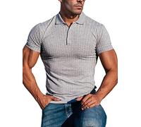 Lehmanlin Men's Stretch Muscle Shirts Short Sleeve Cotton T-Shirts Slim Fit Polo Shirt （Grey-XL）