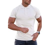 Lehmanlin Men's Stretch Muscle Shirts Short Sleeve Cotton T-Shirts Slim Fit Polo Shirt （White-XL）