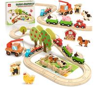 Lehoo Castle Farm Wooden Train Set, Train Track for Toddlers Age 3+
