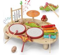 Lehoo Castle Kids Drum Kit, Montessori Wodden Musical Instruments Toys for Toddler, Baby Musical Gifts with Xylophone & 2 Drums for Boys & Girls Ages 3
