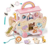 Lehoo Castle Noahs Ark Wooden Montessori Toy, Christening Gift for Girl 1+ | Rainbow Carry Handle, 2-Section Pull-Along Cord, Blunt-Tip Lacing Needle for Threading Game, Wood Shape Sorter Toy