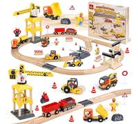 Lehoo Castle Toddler Construction Toys, 68PCS Engineering Wooden Train Set Toys for Age 3 4 5 6 7 Boys Girls, Kids Railway with Crane, Birthday Gifts for Age 3-5