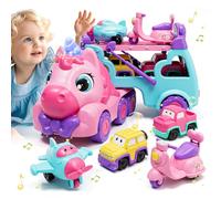 Lehoo Castle Unicorn Transporter Truck with 4 Vehicles for Toddler Girl | Pull-Back Cars, LED Lights & Nursery Rhyme Music, Built-In Storage, Birthday & Christmas Gift for Toddler, Interactive Play