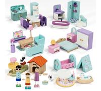 Lehoo Castle Wooden Dollhouse Furniture Set 39 Pcs with 5 Rooms, Family Dolls & Pets, All-Wooden Doll House Accessories and Furniture, Pretend Play Dollhouse Accessories Toy Gift for Kids 3+