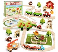 Lehoo Castle Wooden Train Set, 72PCS Farm Toddler Toys for 3 4 5 6 Year Old Boys Girls, Train Tracks with Magnetic Crane, Kids Toys Birthday Gifts for Age 3-5