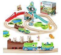 Lehoo Castle Wooden Train Set for Toddlers, Amusement Park Train Track Set with Battery Powered Dinosaur Train & Interactive Pop-up Squirrel, Ages 3+