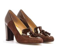 LEHOOR Women Chunky Block High Heel Fringed Pumps Round Toe, Slip On Dress Loafers with Tassel Suede Patent Leather Patchwork for Ladies Girls Office 4-13 M US brown Size: 6.5 UK