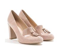 LEHOOR Women Chunky Block High Heel Fringed Pumps Round Toe, Slip On Dress Loafers with Tassel Suede Patent Leather Patchwork for Ladies Girls Office 4-13 M US beige Size: 5 UK