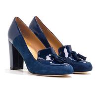 LEHOOR Women Chunky Block High Heel Fringed Pumps Round Toe, Slip On Dress Loafers with Tassel Suede Patent Leather Patchwork for Ladies Girls Office 4-15 M US, Navy Blue, 4 UK