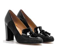 LEHOOR Women Chunky Block High Heel Fringed Pumps Round Toe, Slip On Dress Loafers with Tassel Suede Patent Leather Patchwork for Ladies Girls Office 4-13 M US Black Size: 7 UK