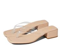 LEHOOR Women Chunky Heel Square Toe Flip Flops Comfort Slip On Heeled Thong Flip Flops 2 Inch Low Block Heel Dress Slippers Sandals Clear T-Strap Work Slides Casual Summer Beach Heels 4-11 M US, Nude