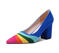 LEHOOR Women Rainbow Chunky Heel Pumps Pointed Toe Suede Multicolor High Heels 3 Inch Slip On Closed Toe Block Dress Pumps for Ladies Party Office Classic Comfort Retro Fashion 413 M US,