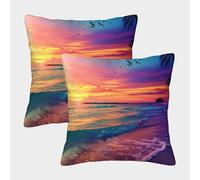 LeHuaiMa 3D Printed Beach Sunset Square Pillowcases Scenery Square Throw Pillow Decorative Super Soft Pack of 2 for Home Couch Sofa Decorative, Gifts 45x45cm