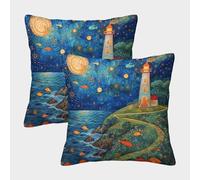 LeHuaiMa Coastal Lighthouse Cushion Cover Set of 2 Decorative Machine Washable Pillowcases Square Cushions with Invisible Zipper Cushion Covers for Sofa Couch Home Bedroom Throw Pillow Case 40x40cm