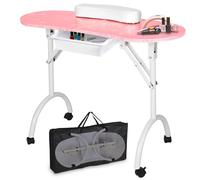 LEIBOU Professional 36''L Portable & Foldable Manicure Table Nail Technician Desk Workstation Manicure Table with Rolling Wheels,Drawer,Sponge,Free Carrying bag (Pink Pattern)