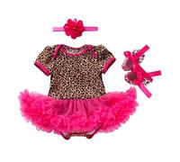 Leideur Infant Baby Leopard Zebra Printed Outfit Cotton Tutu Dress Shoes Headband 3PCS (9-12 Months, Hot Pink Leopard)