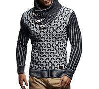 Leif Nelson LN5385, Men's Knitted Jumper, Shawl Collar, Slim Fit, Winter, Summer, Modern Men, Black Jumper T-Shirt with Long Sleeves and Collar, Men’s Wool Jumper with Hoodie, Black-Ecru, XXXXXL