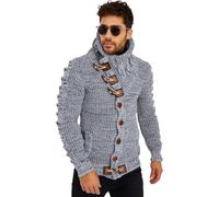 LEIF NELSON LN5585 Mens Knitted Button Down Sweater, Grey / Black, 3XL